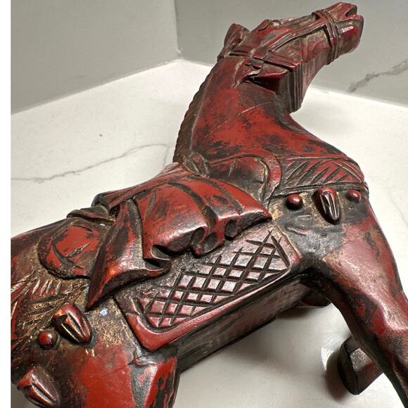 Vintage Hand Carved Wooden Chinese Horse Hand Painted Red and Gold Accents - Picture 8 of 10